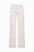 Ivory eyelet floral cutout wide-leg jeans with front button closure