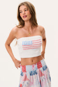 Deserae Sparkle Americana tube top, strapless white knit with blue and red star-striped panel