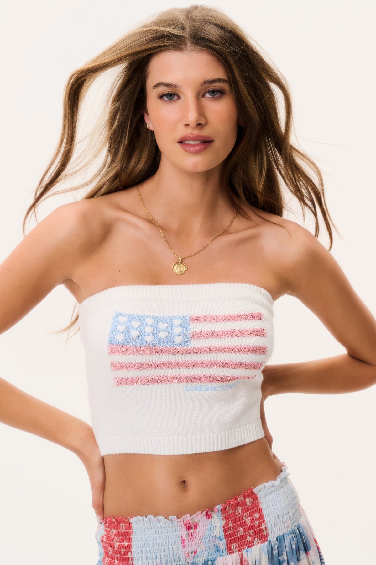 Deserae Americana tube top, strapless white knit with glittery blue star and red stripe graphic