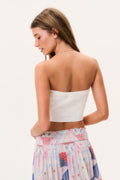 Deserae Sparkle Americana tube top back view, strapless white knit with ribbed trim