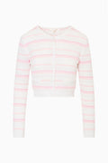 Cotton crochet cardigan in white with pink striped knit, button-front and scalloped trim