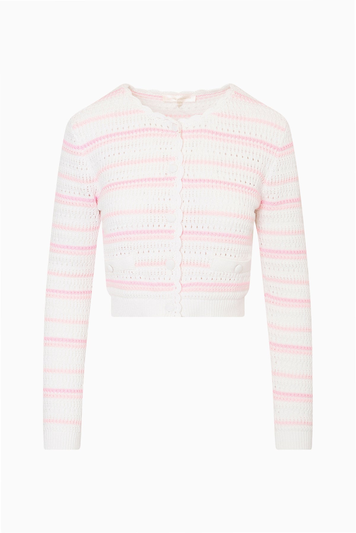Cotton crochet cardigan in white with pink striped knit, button-front and scalloped trim