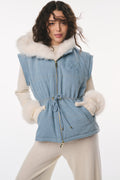Light blue denim convertible jacket with faux fur hood, drawstring waist and zip front
