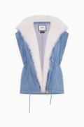Blue denim convertible jacket with white faux fur lining and deep V neckline