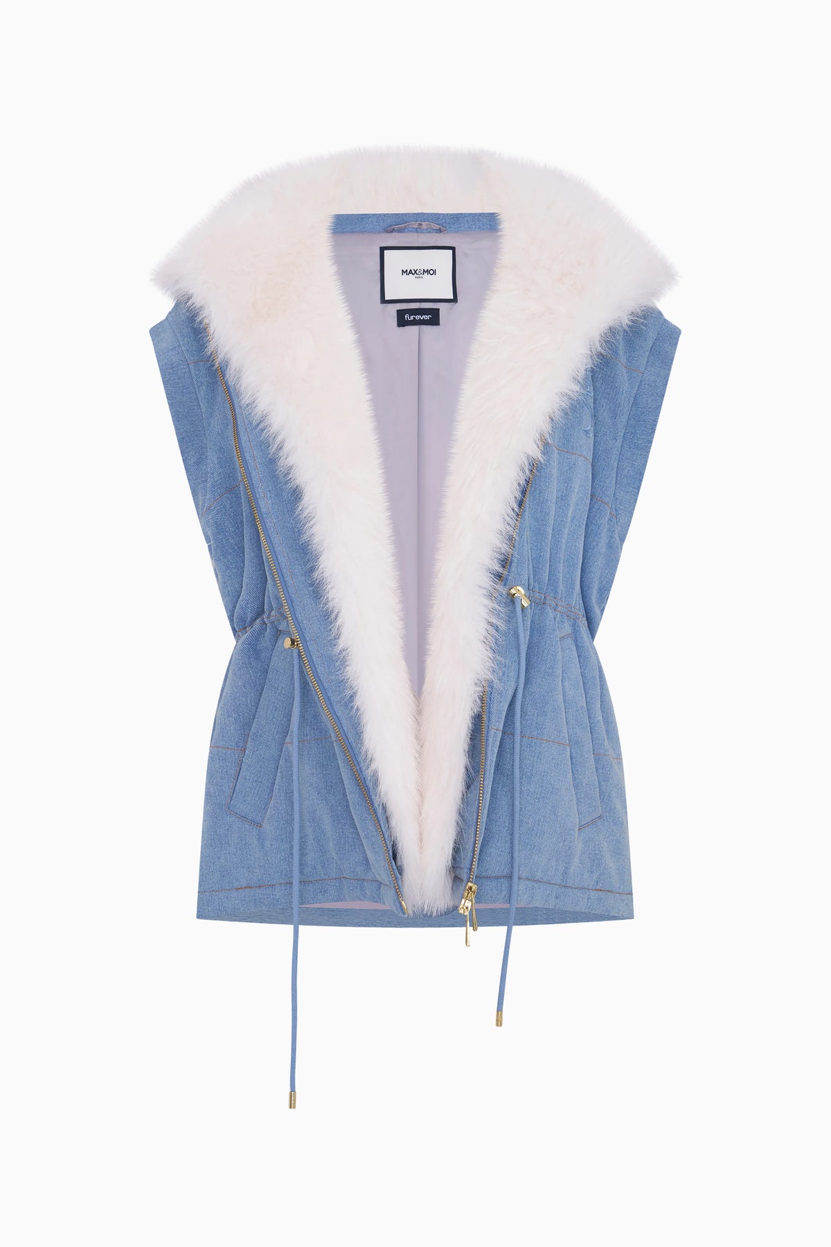 Blue denim convertible jacket with white faux fur lining and deep V neckline