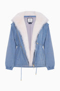 Blue denim convertible jacket with white faux fur trim, zip front and belted waist