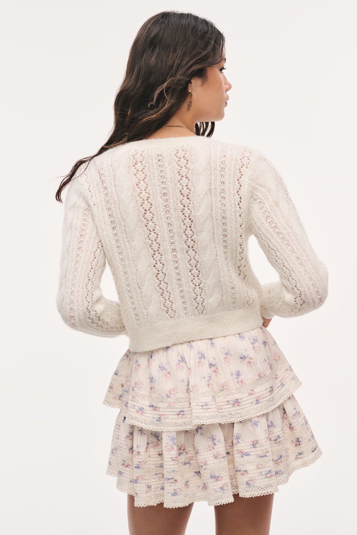 Cream alpaca-blend ribbon cardigan, textured back with vertical knit pattern, long sleeves