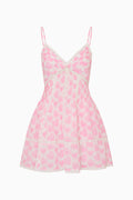 Pink heart-print cotton mini dress with thin spaghetti straps