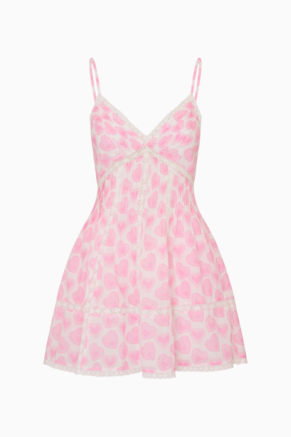 Pink heart-print cotton mini dress with thin spaghetti straps