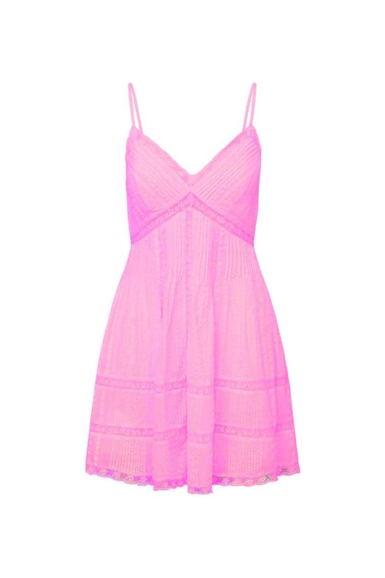 Upcycled cotton mini dress with spaghetti straps and tiered pink mesh skirt