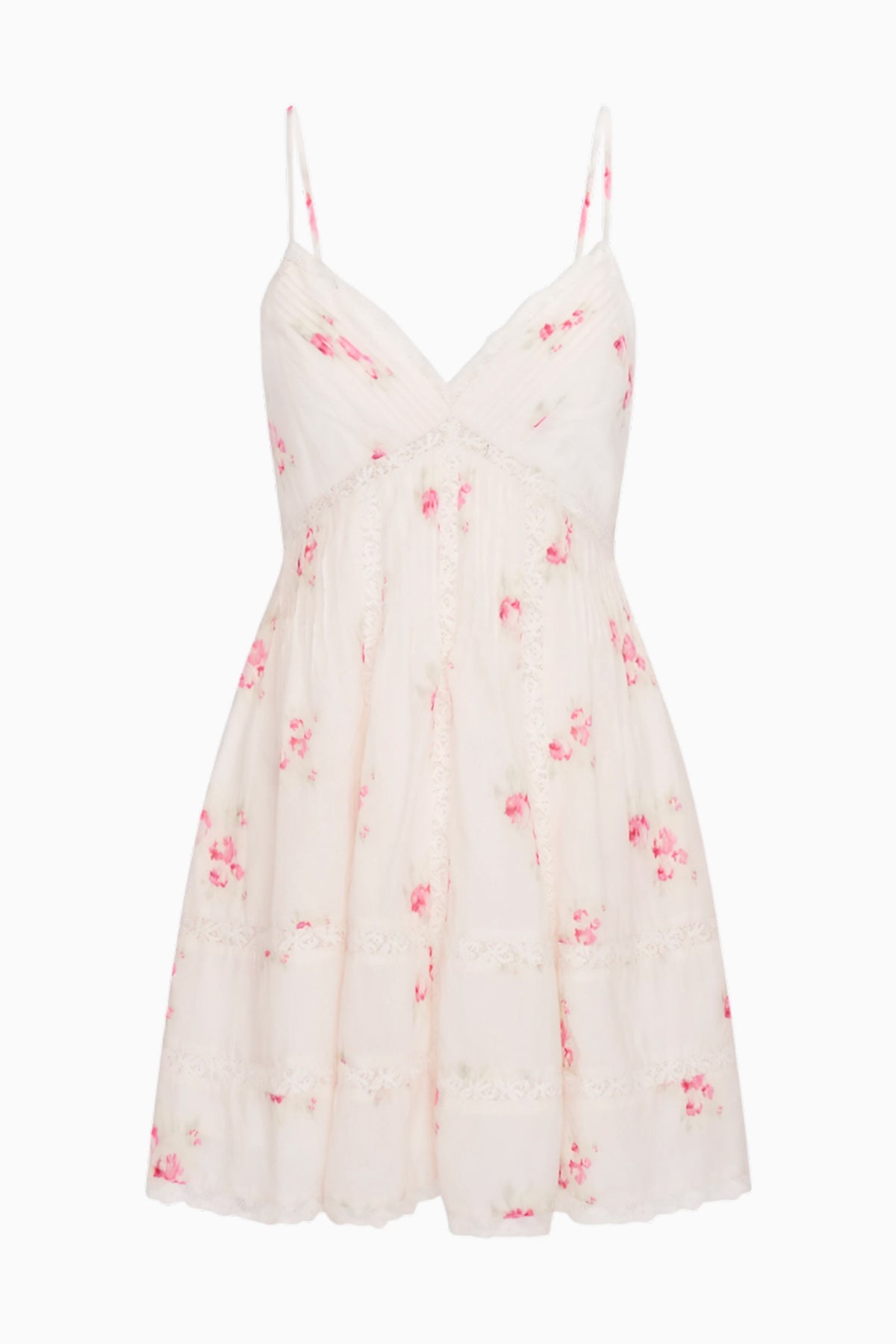 Docila upcycled cotton mini dress, white with pink print, spaghetti straps, V neckline