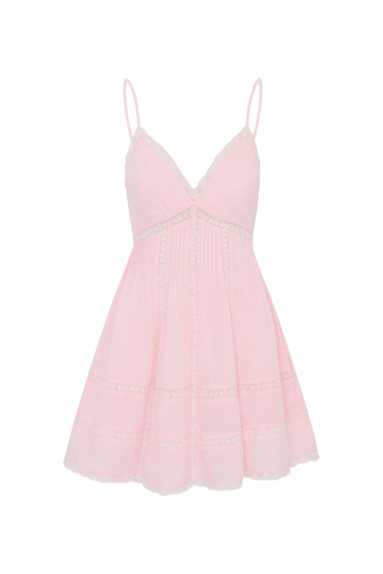 Pink cotton mini dress with V-neck and spaghetti straps, tiered skirt