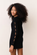 Black tween knit mini dress with long sleeves and lace-up side detail