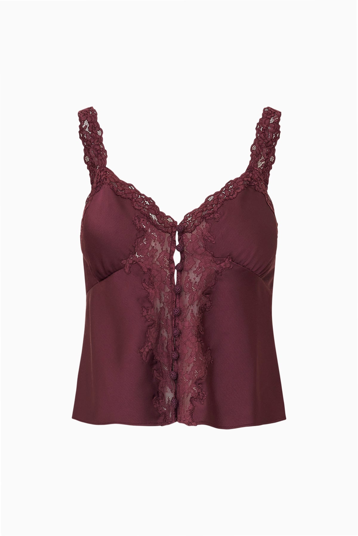 Deep plum satin cami with lace straps, lace v-neckline and lace front details, and button front closures, detail view