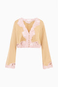 Silk lace top on light tan satin with pink lace V-front and lace cuffs; long sleeves