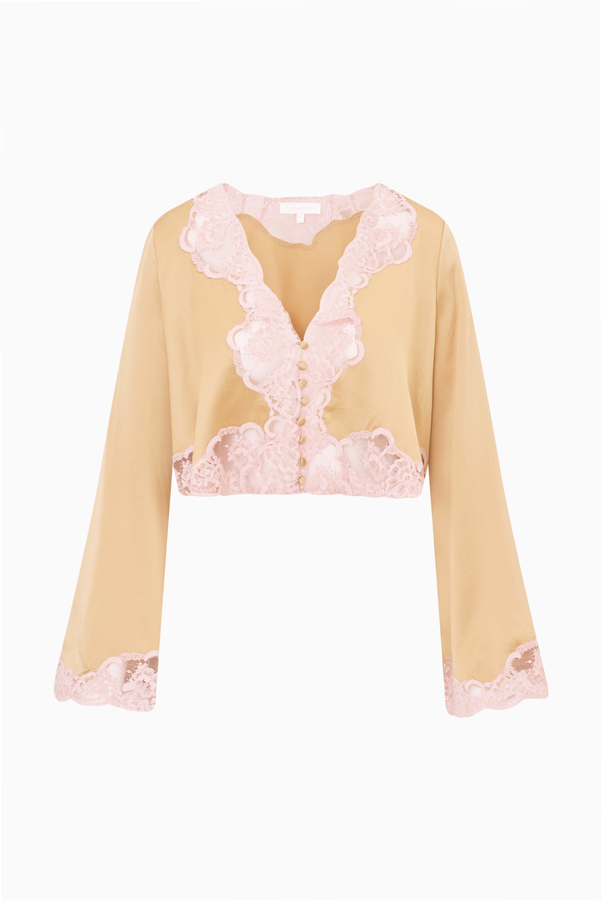 Silk lace top on light tan satin with pink lace V-front and lace cuffs; long sleeves