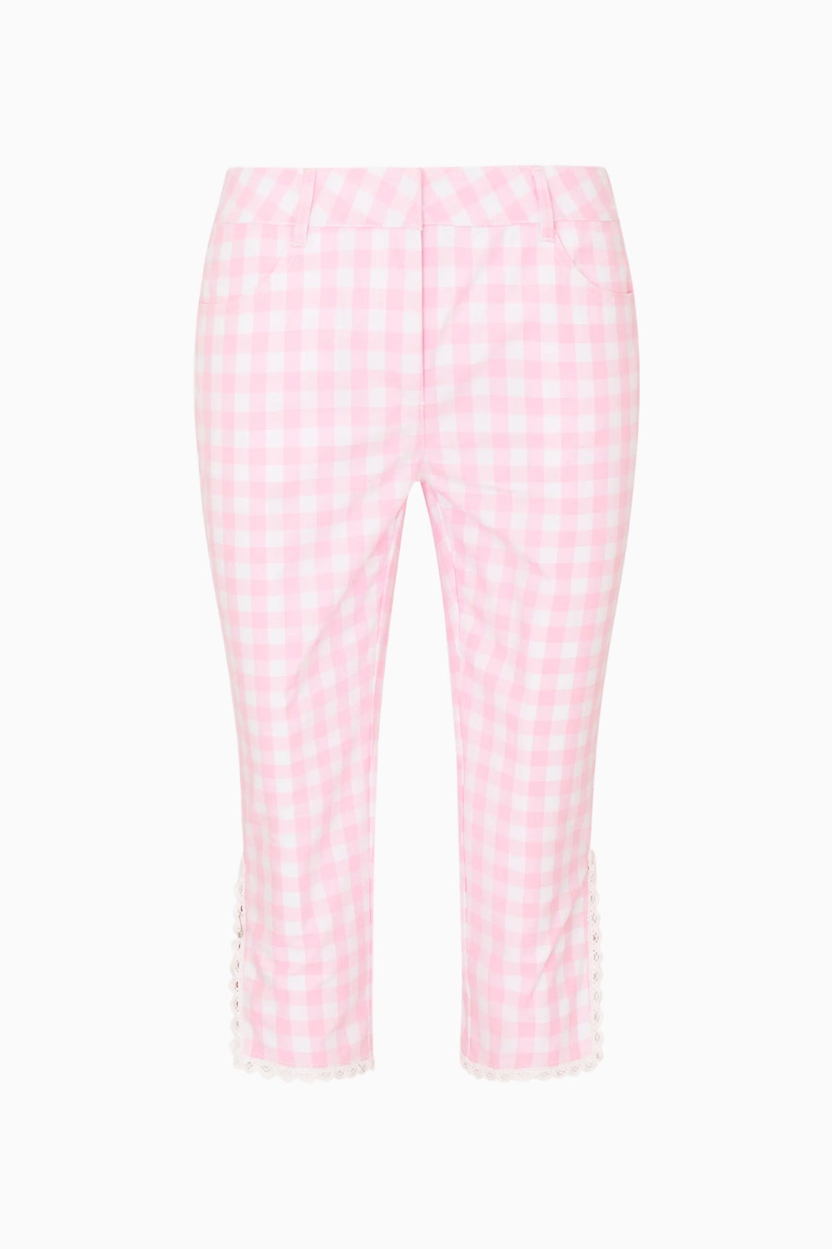Pink gingham capri pants with button front and lace-tie cuffs