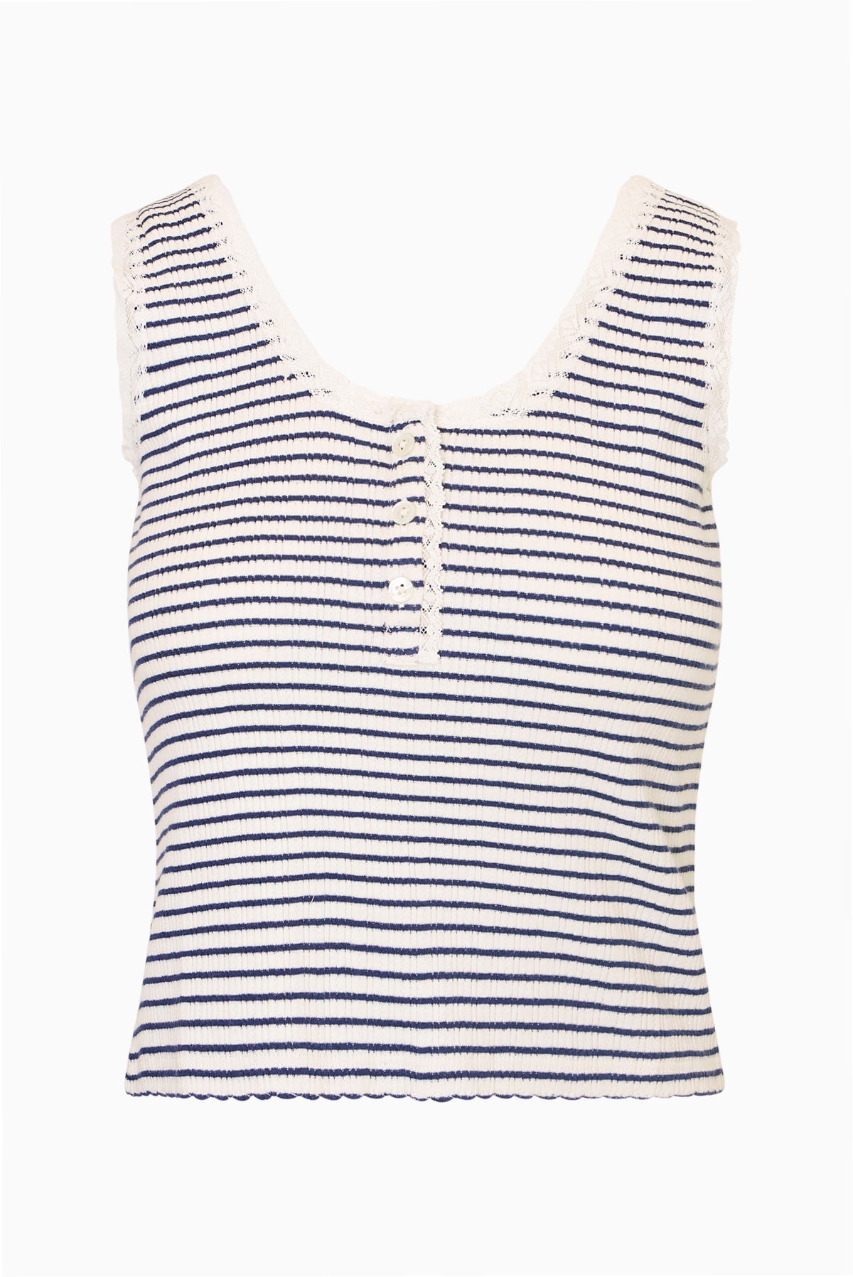 Striped cotton tank top with henley-style button placket and lace-trimmed neckline