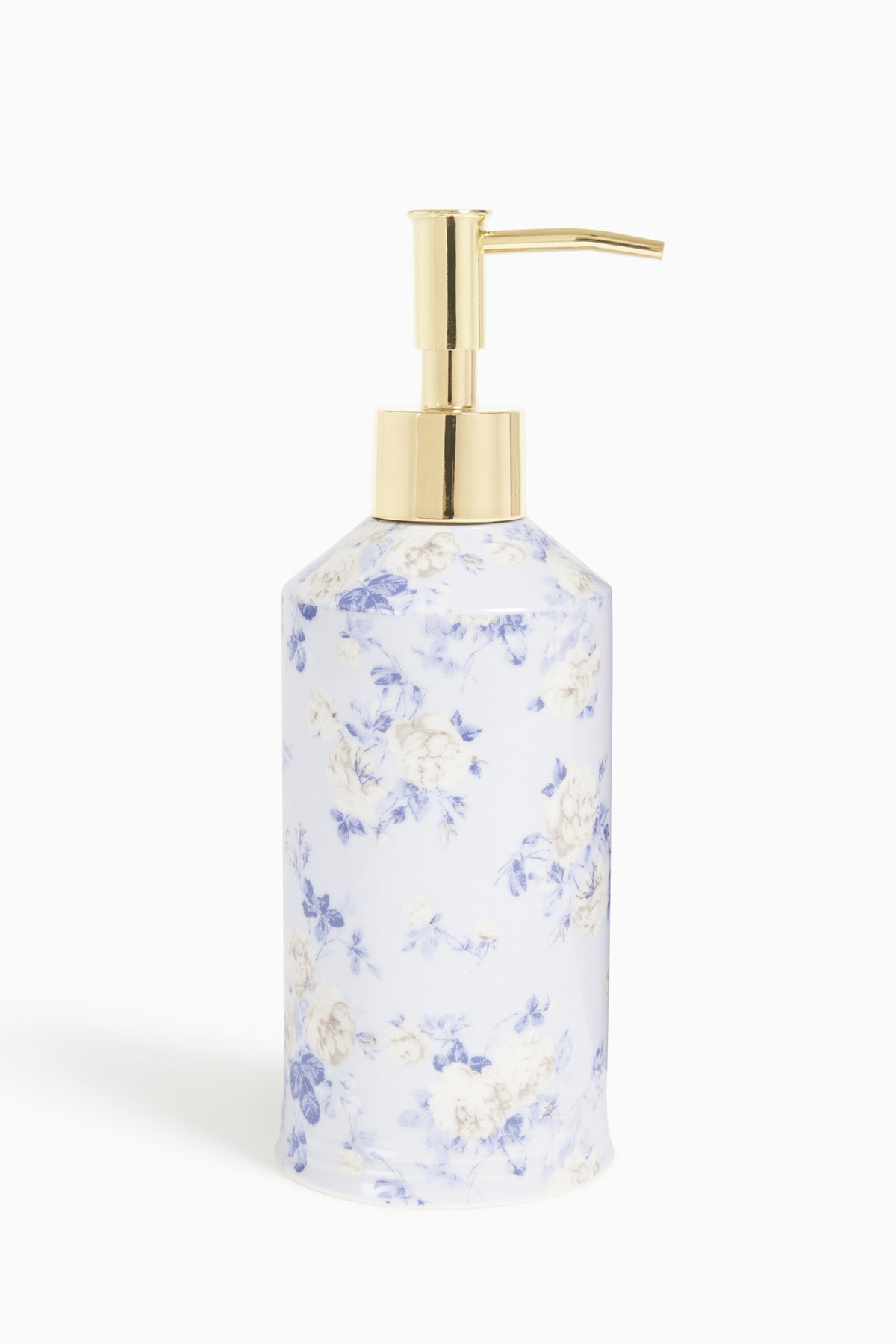 Porcelain soap dispenser in whisper blue floral with gold-tone pump