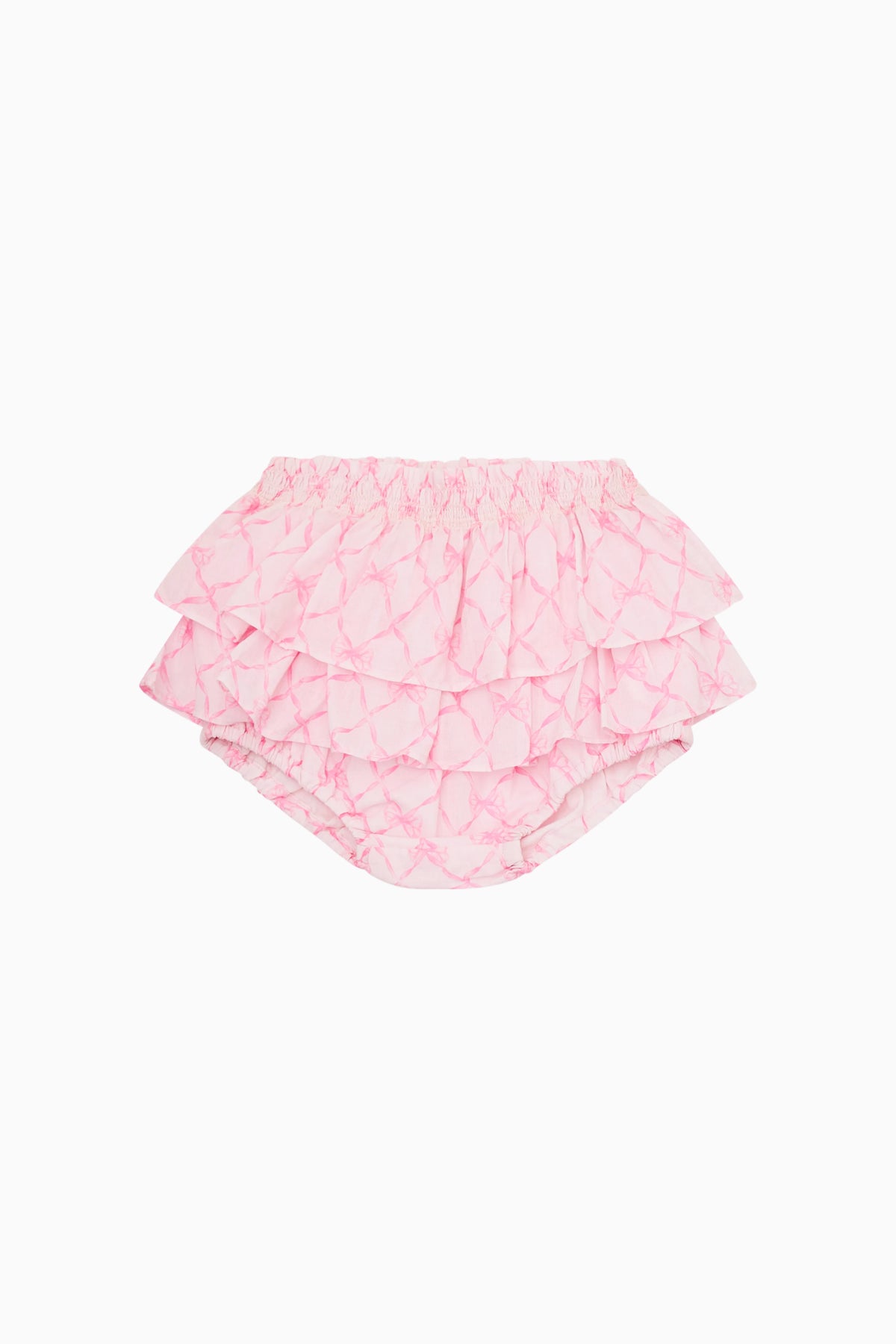 Pink baby bloomers with layered ruffle edges and gathered mesh-like fabric