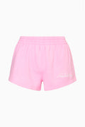 Sunbeam pink fleece shorts with elastic waistband and small logo on leg