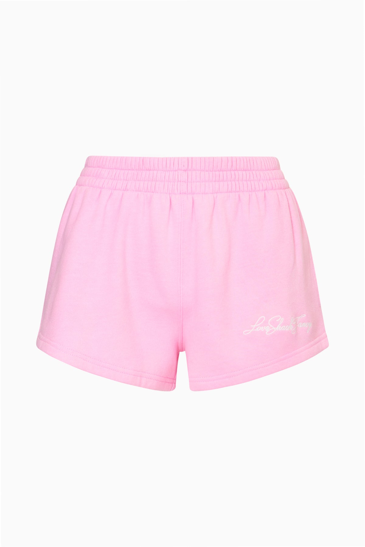 Sunbeam pink fleece shorts with elastic waistband and small logo on leg