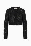 Black embellished cropped jacket, studio flat lay with long sleeves and open front