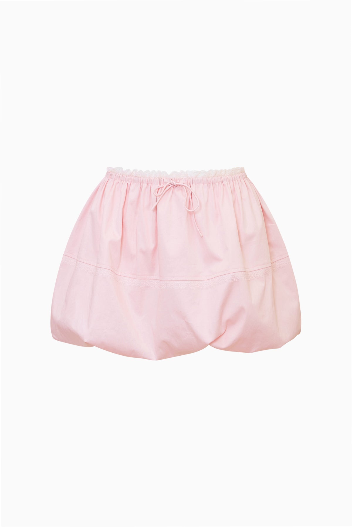 Pink cotton bubble skirt front view, elastic waistband with drawstring ties