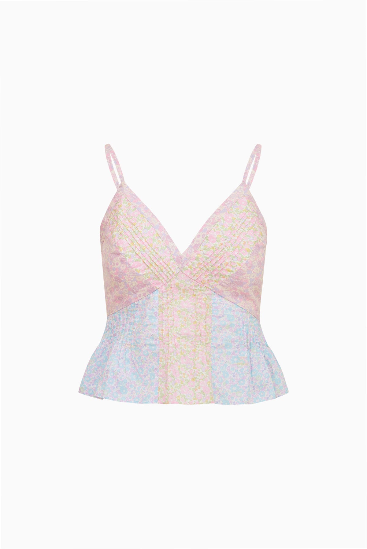 Pink and blue floral cami top with V-neck and thin spaghetti straps, tiered hem