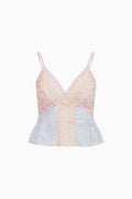 Pink and blue floral cami top with V-neck and thin spaghetti straps, tiered hem