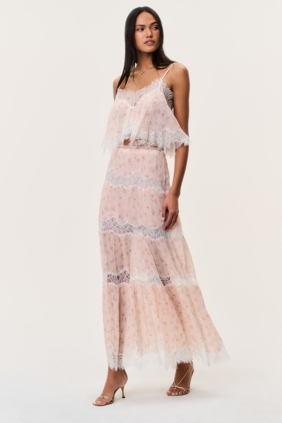 Cotton-silk lace maxi skirt, light pink sheer with lace ruffle tiers