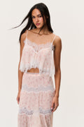 Elysia cotton-silk crop top in blush-pink with lace overlay and layered ruffles