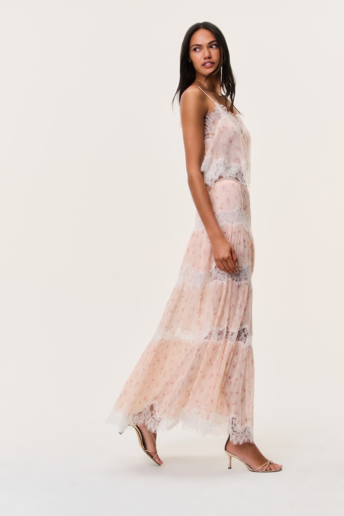 Light pink cotton-silk lace maxi skirt with tiered lace hem