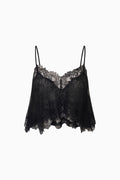 Black lace crop top with spaghetti straps and scalloped V-neck trim