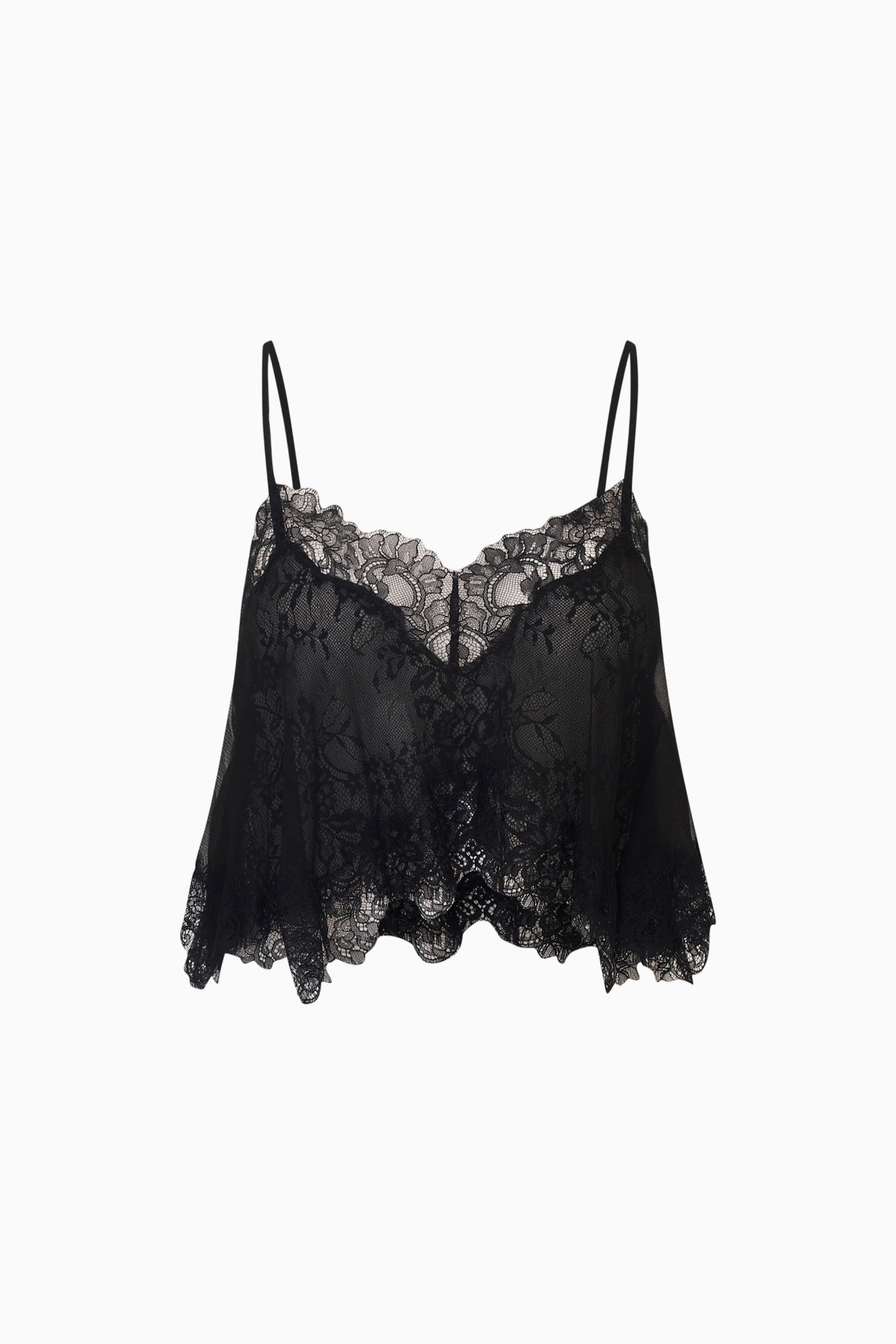 Black lace crop top with spaghetti straps and scalloped V-neck trim