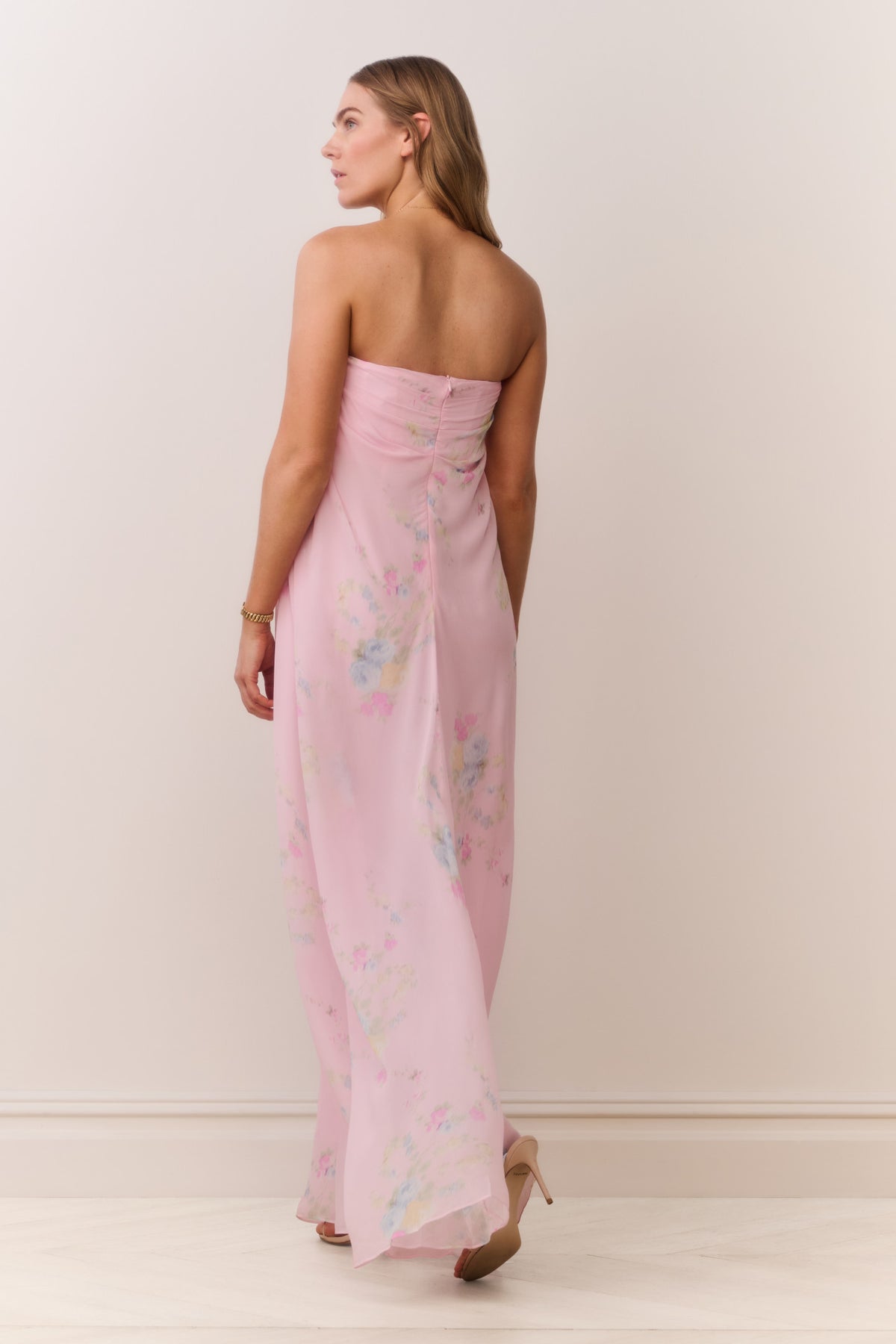 Strapless floral chiffon maxi dress, light pink with ruched bodice, back view