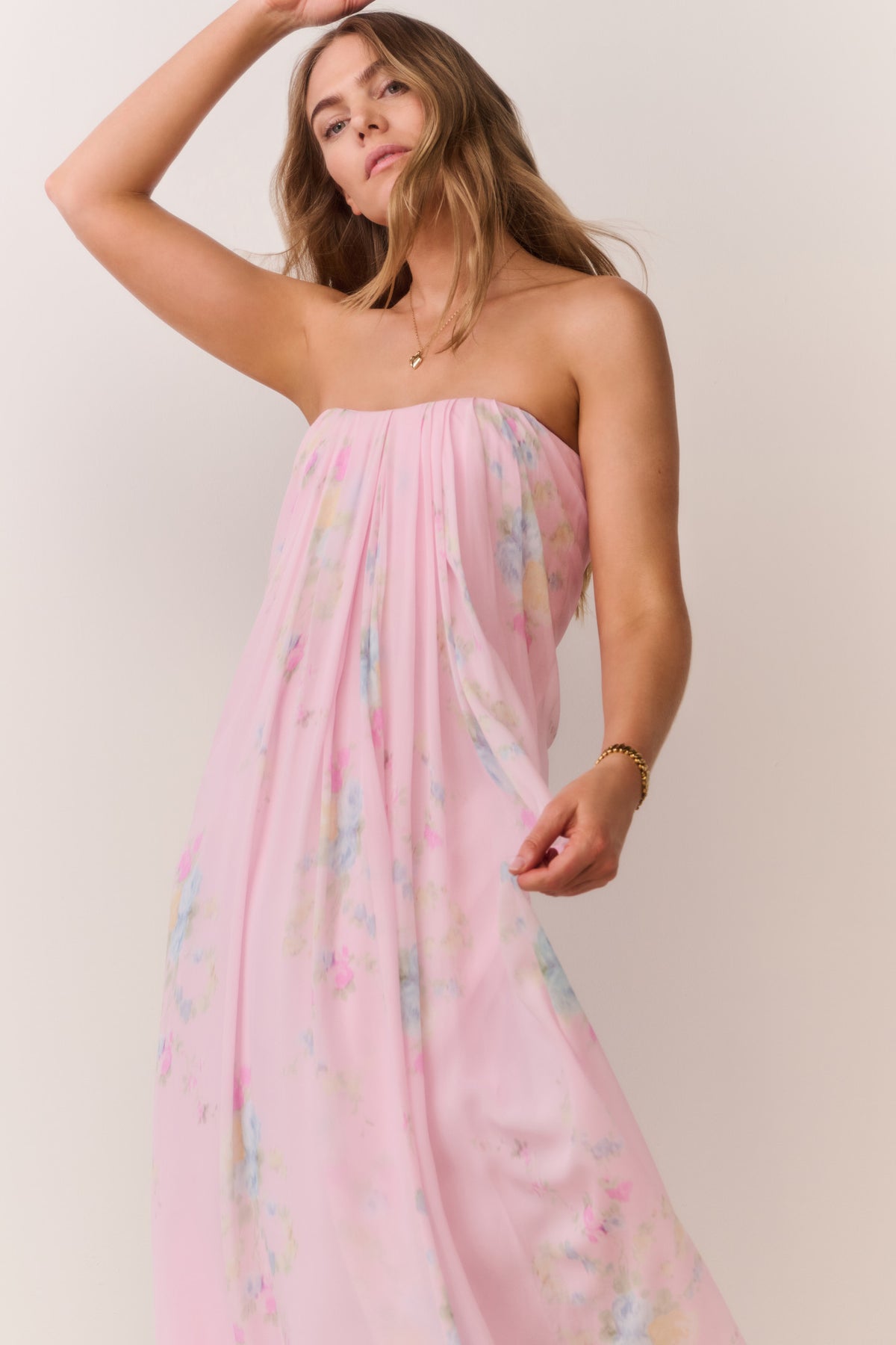 Strapless floral chiffon maxi dress, light pink with pastel blossoms, draped skirt