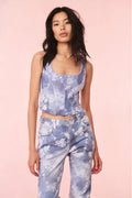 Emika floral denim bustier top in blue with spaghetti straps and front zipper