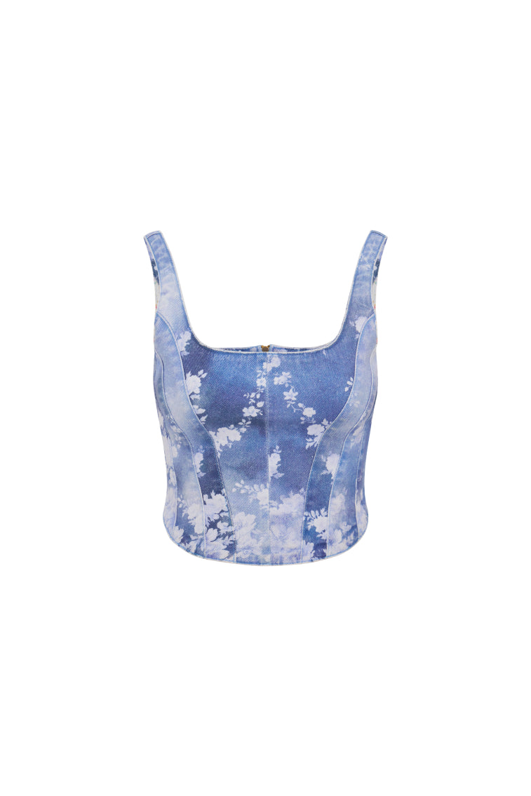 Floral denim bustier top in blue with spaghetti straps and center-front zipper