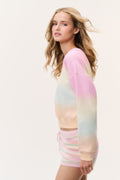 Ombre pullover sweatshirt, side view, crew neck, long sleeves, pink to cream