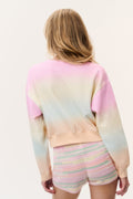 Ombre pullover sweatshirt, back view, crew neck, long sleeves, pink and blue gradient