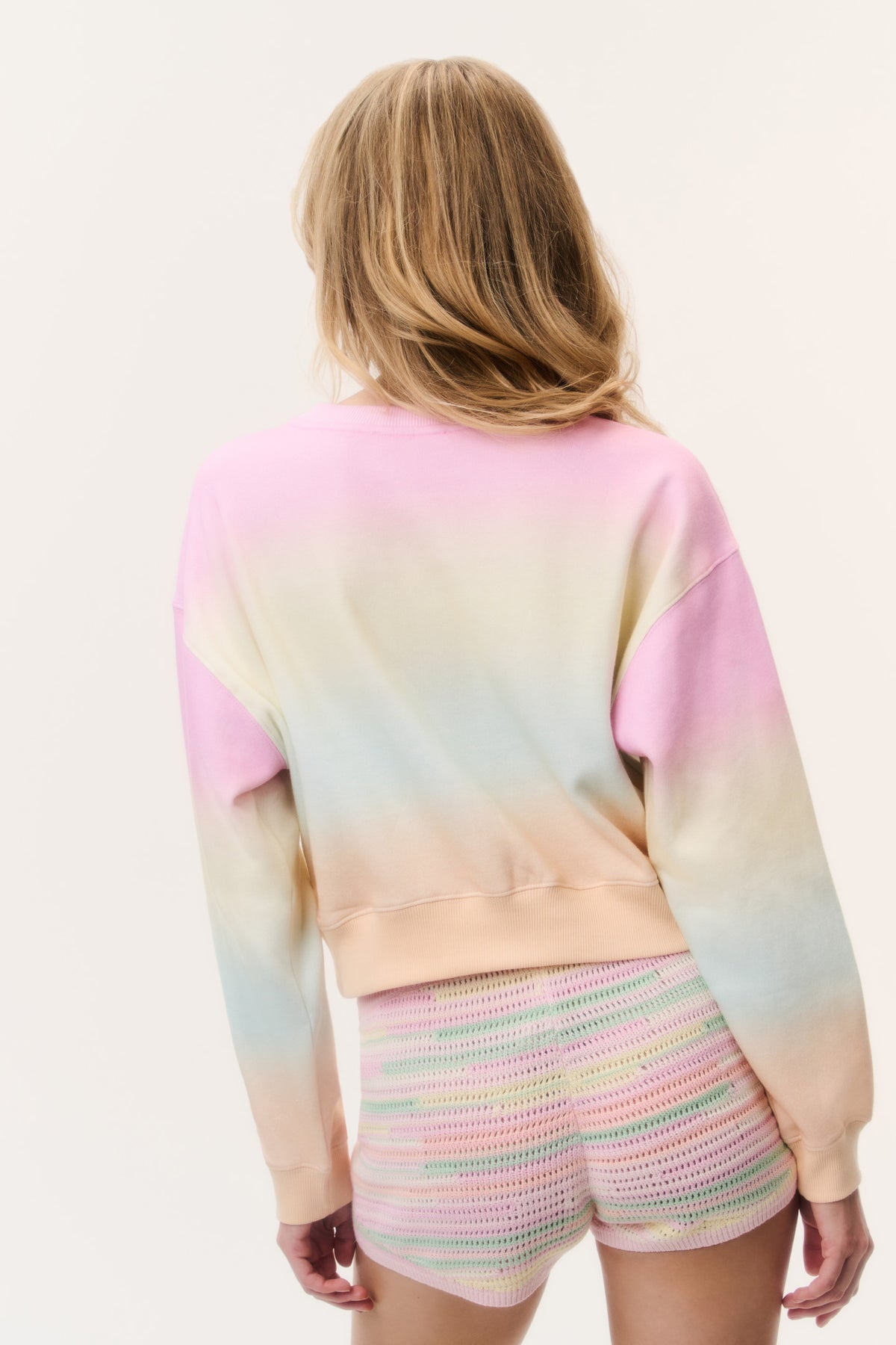 Ombre pullover sweatshirt, back view, crew neck, long sleeves, pink and blue gradient