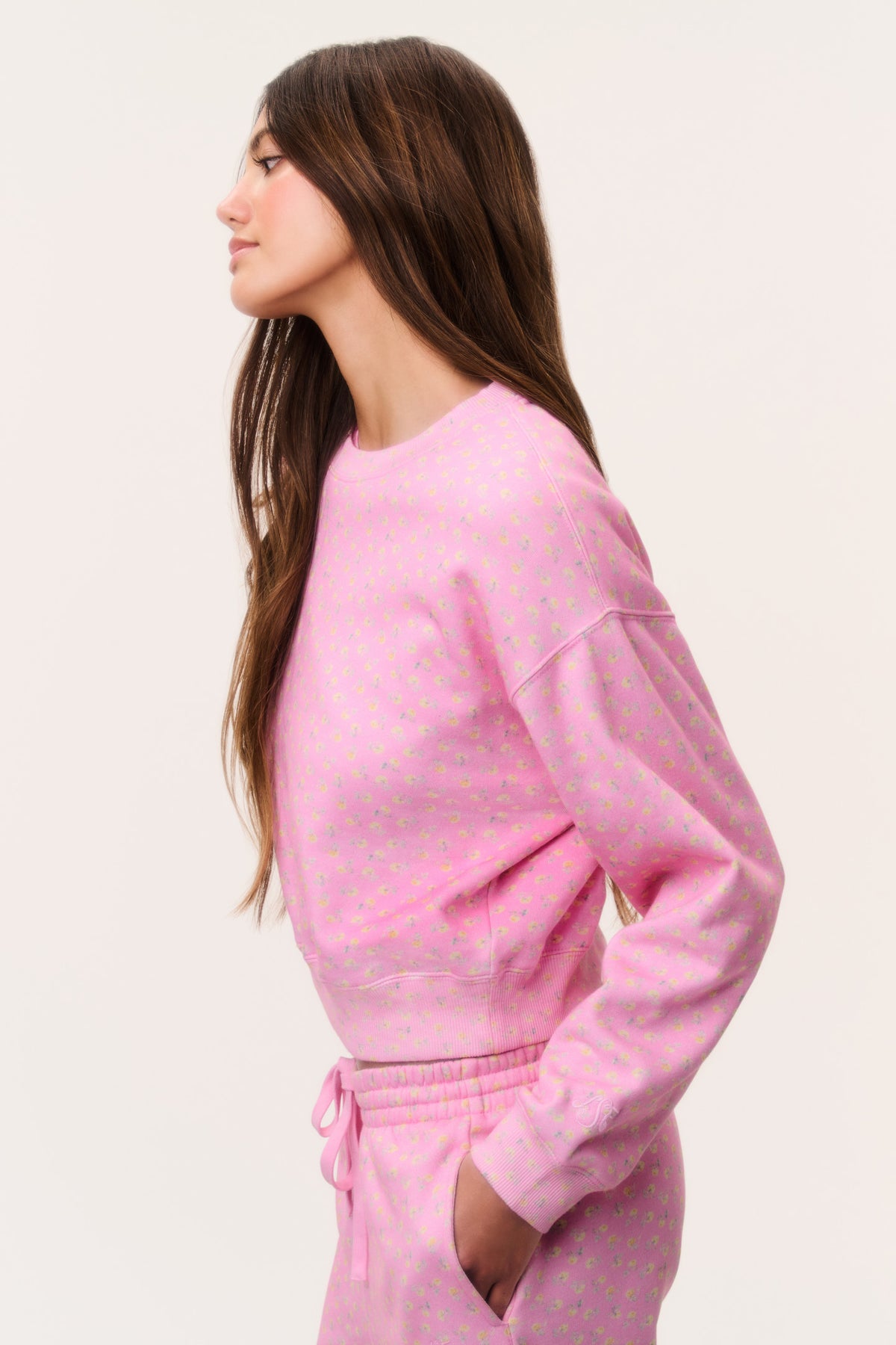 Pink cropped pullover with tiny ditsy floral print, cuffed sleeves, relaxed fit