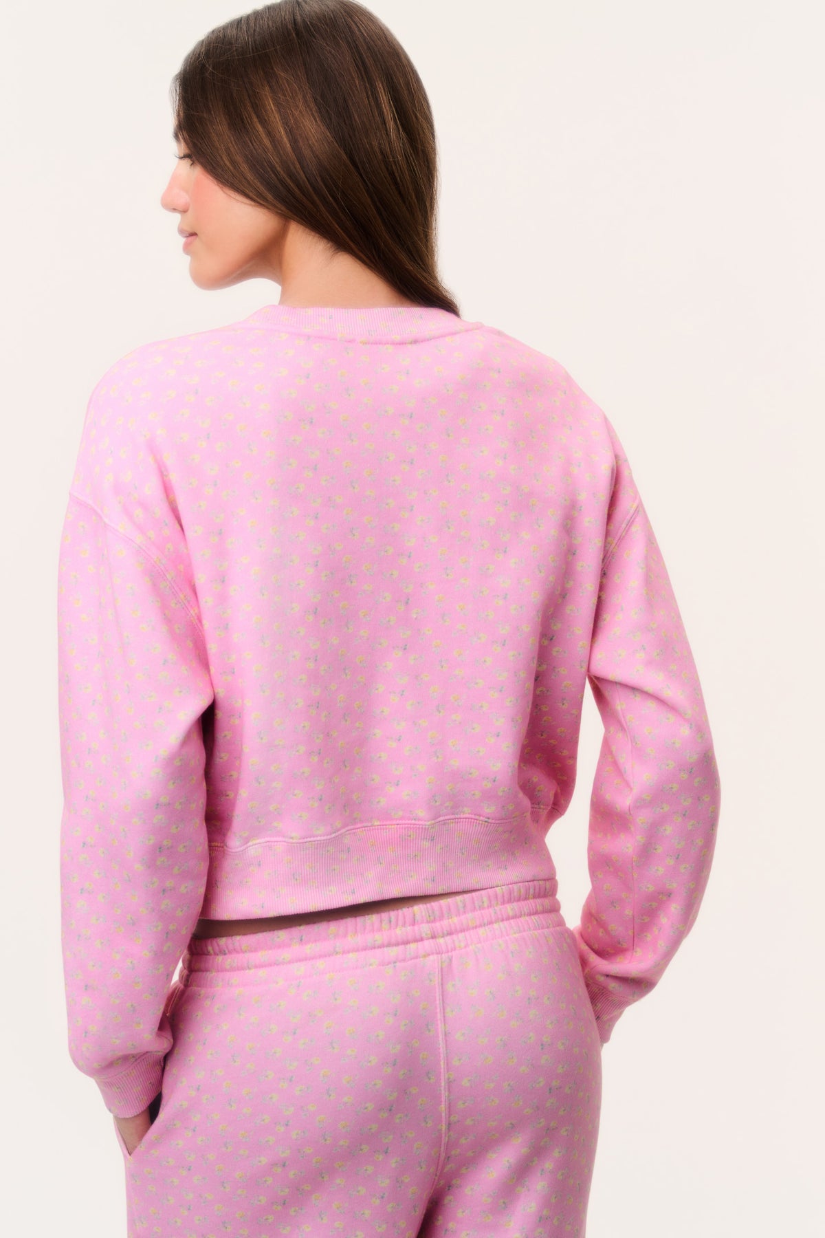 Pink cropped pullover back with tiny ditsy floral print, crew neck, long sleeves