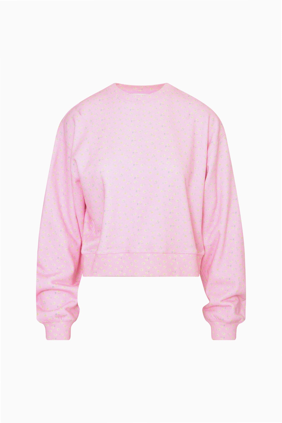 Faint yellow cropped pullover back with tiny ditsy floral print, crew neck, long sleeves