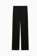 Black wide-leg wool-blend pants, front flat lay, center crease and button closure.