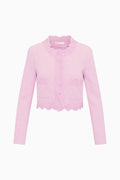 Pink lace-trimmed tweed jacket with scalloped front ruffle and cropped sleeves