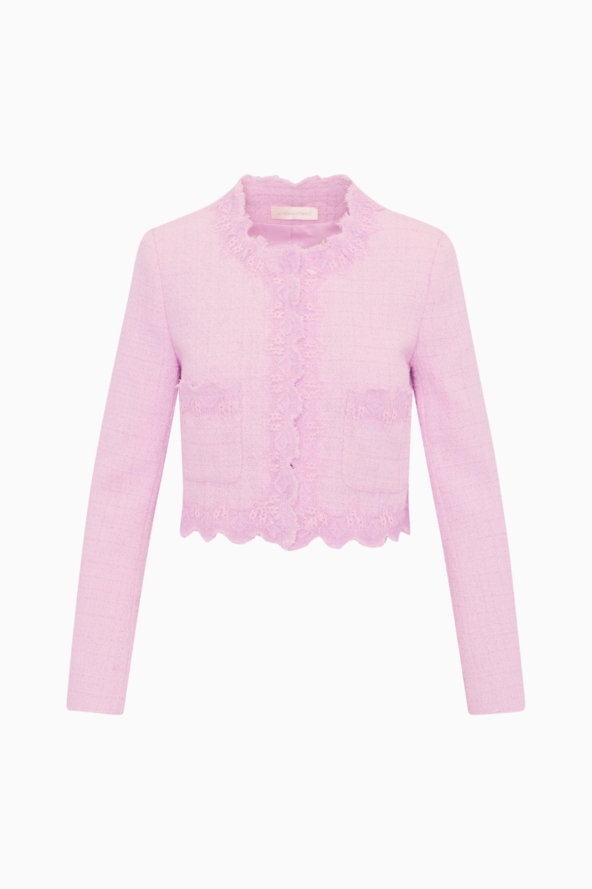 Pink lace-trimmed tweed jacket with scalloped front ruffle and cropped sleeves