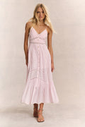 Pink cotton midi dress with spaghetti straps and button front, front view