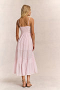 Pink midi cotton dress, back view, spaghetti straps and tiered skirt